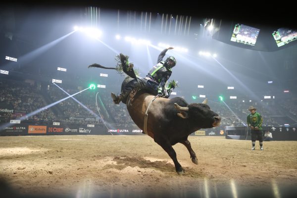 Jose Victor Leme of the Austin Gamblers competing in the 2024 PBR Camping World Team Series. Image taken by Bull Stock Media and shared with permission by Andrew Giangola, Vice President of  Strategic Communications. 