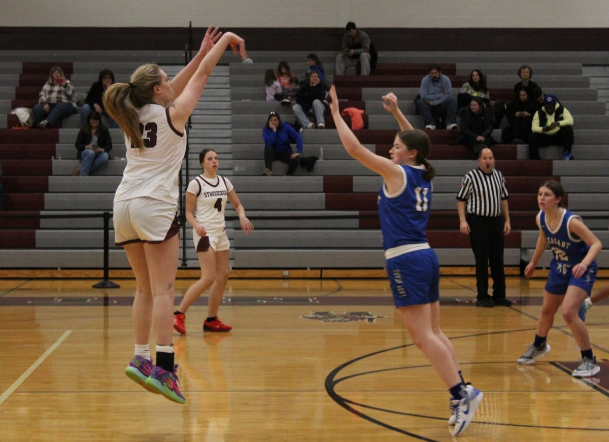 SHS vs Pleasant Valley. McKayla Strunk, number 23, sinks another 3-pointer and sets a record for most 3-point shots for SHS. 