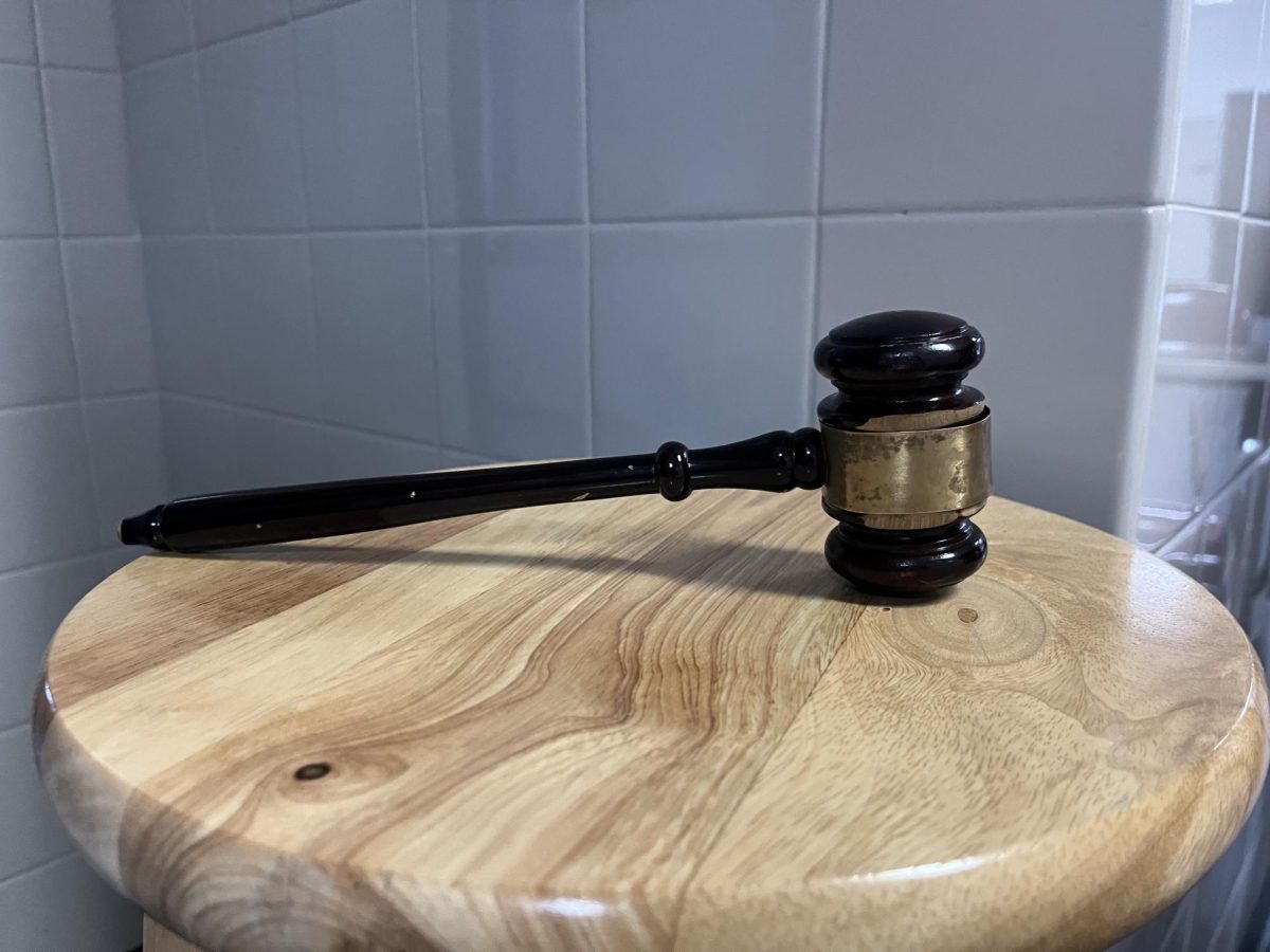 A gavel which is a main component of the courtroom and a symbol of the law. 