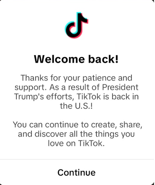 A screenshot of the message TikTok users got when the app was brought back online.