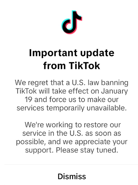 The notification TikTok users got when they tried to access the app after the temporary shutdown was put into place. 