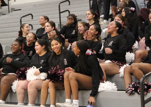 The SHS cheerleaders amused at a play against Pocono Mountain West.