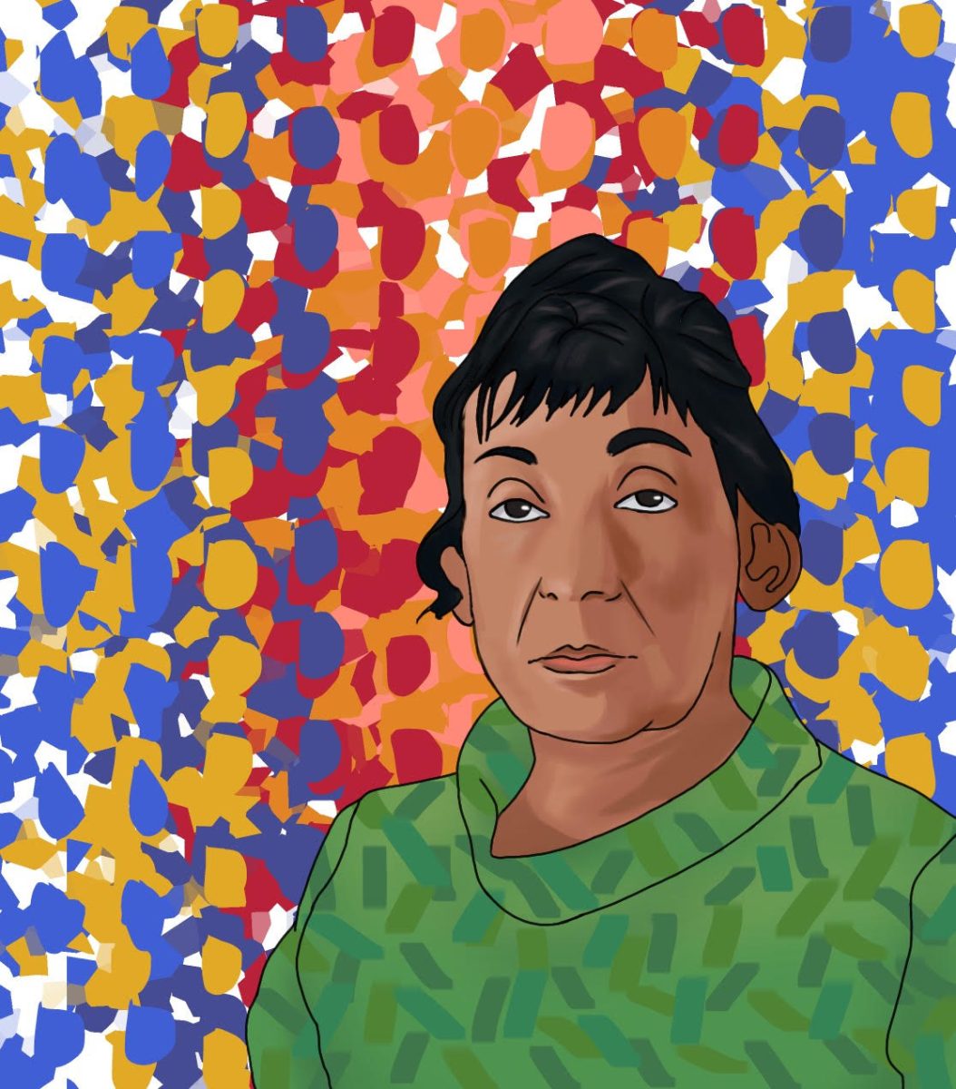 Portrait digital drawing of Alma Thomas with her art style as the background. Created by Hailey Abba.