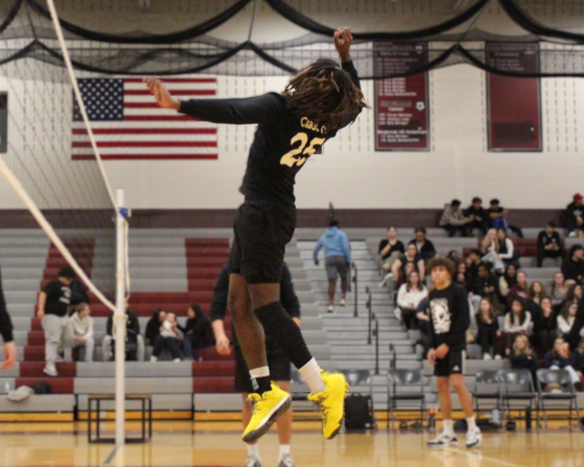 A member of the senior powderpuff team spikes the ball over the net.