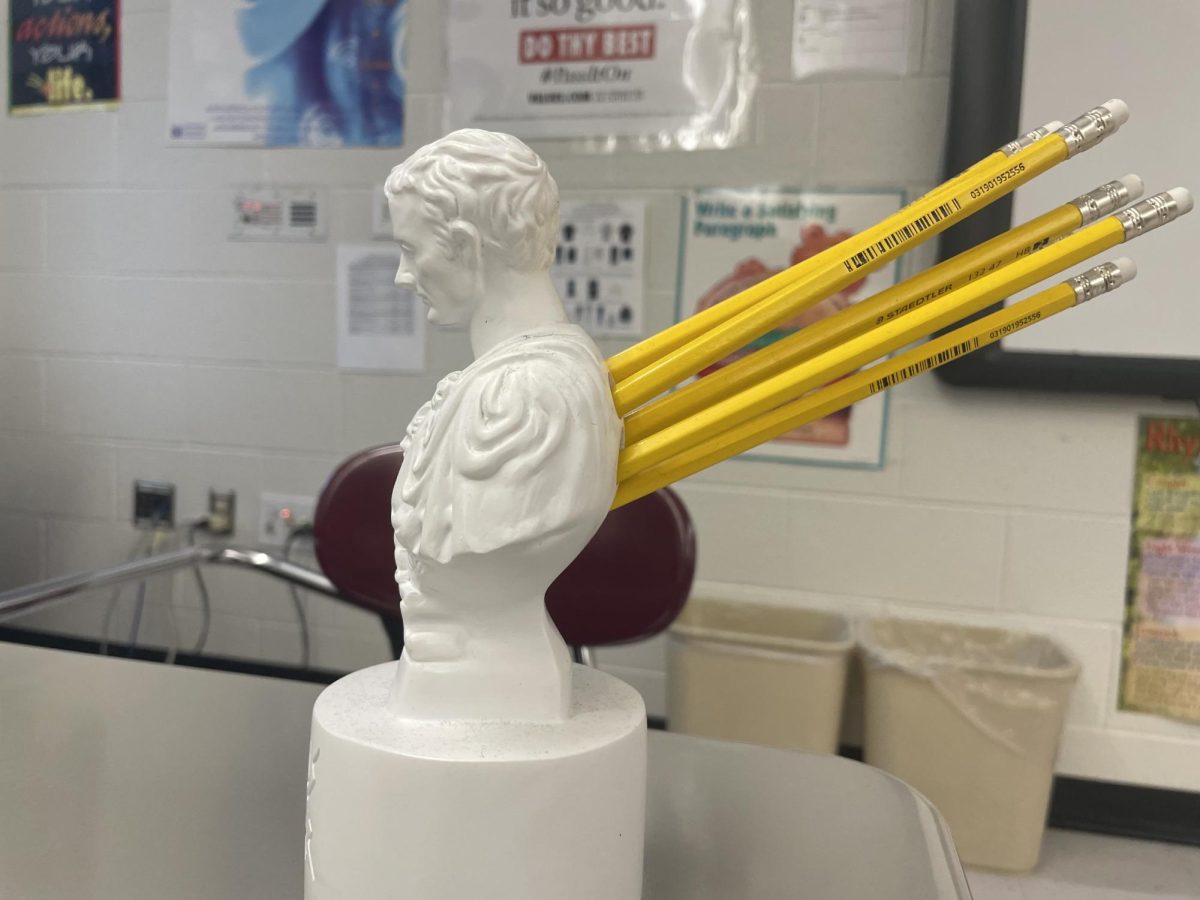 English teacher, Danielle Ramstine's pencil holder statue of Julius Caesar showing how he was stabbed in the back. 