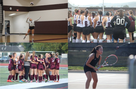 A collage from canva of pictures taken of some women's sports in Stroudsburg. Top left : Kaitlyn Pantinople '25 Top right : Stroudsburg field hockey team, Bottom left : Stroudsburg basketball team, and Bottom right : Lana Marsh '25