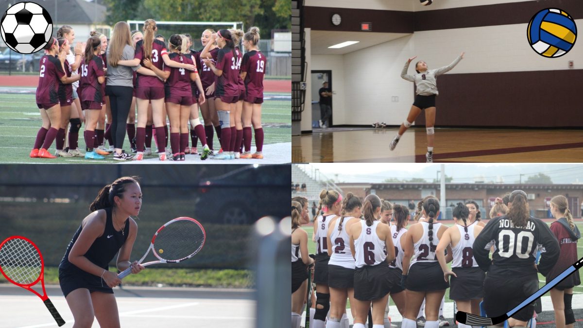 A collage from canva provided by Isabel Polanco, of pictures taken of some women's sports in Stroudsburg. Top left : Kaitlyn Pantinople '25 Top right : Stroudsburg field hockey team, Bottom left : Stroudsburg basketball team, and Bottom right : Lana Marsh '25