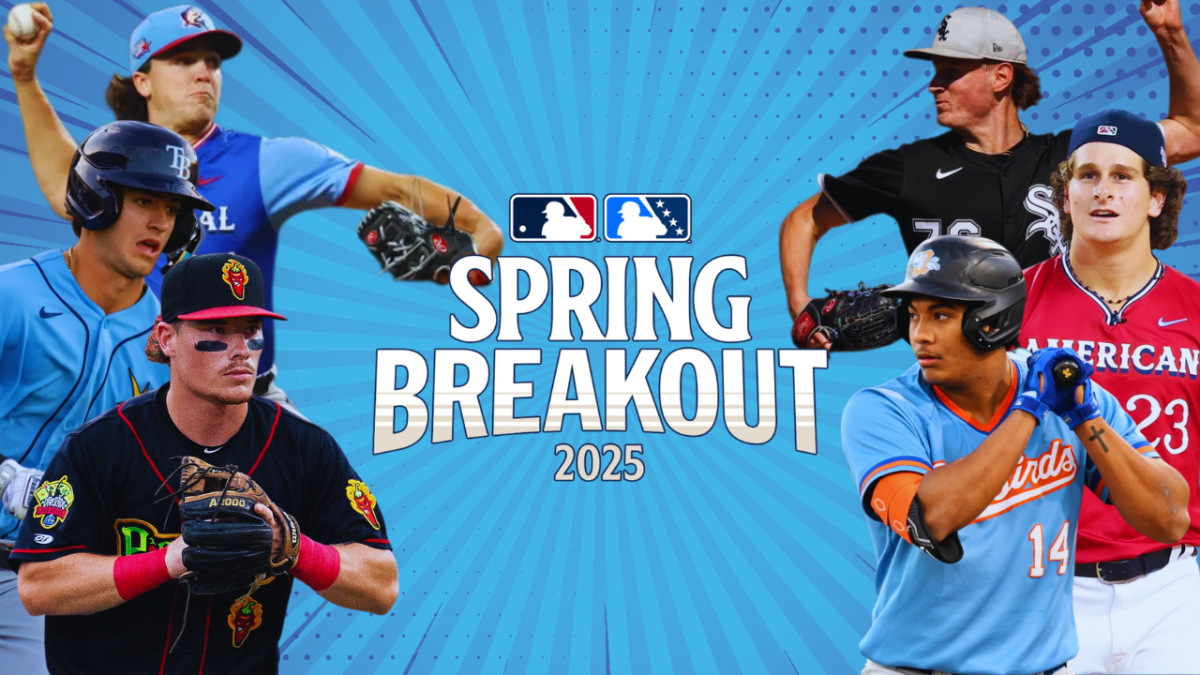 Graphic of Spring Breakout featuring (left) Guardians INF Travis Bazzana,  Rays INF Carson Williams, Rockies P Chase Dollander, (right) Orioles C Samuel Basallo, Red Sox OF Roman Anthony, and White Sox P Noah Schultz. 