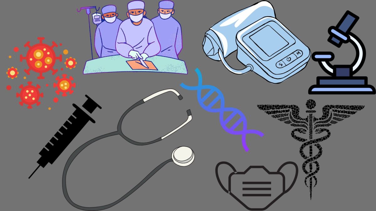 Well known medical symbols and equipment on a gray background. Created by Rebeca Dishong using Canva.com.