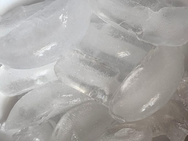 Close up photo of a bowl of ice that people have been dumping over their heads for the Ice Bucket Challenge.