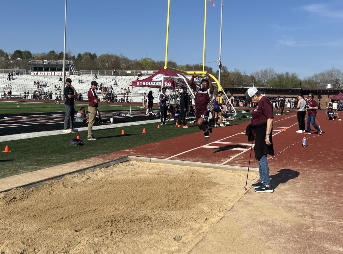 Jaylin Rieara, '26, setting his personal best and getting 3rd place in his triple jump event against East Stroudsburg South.