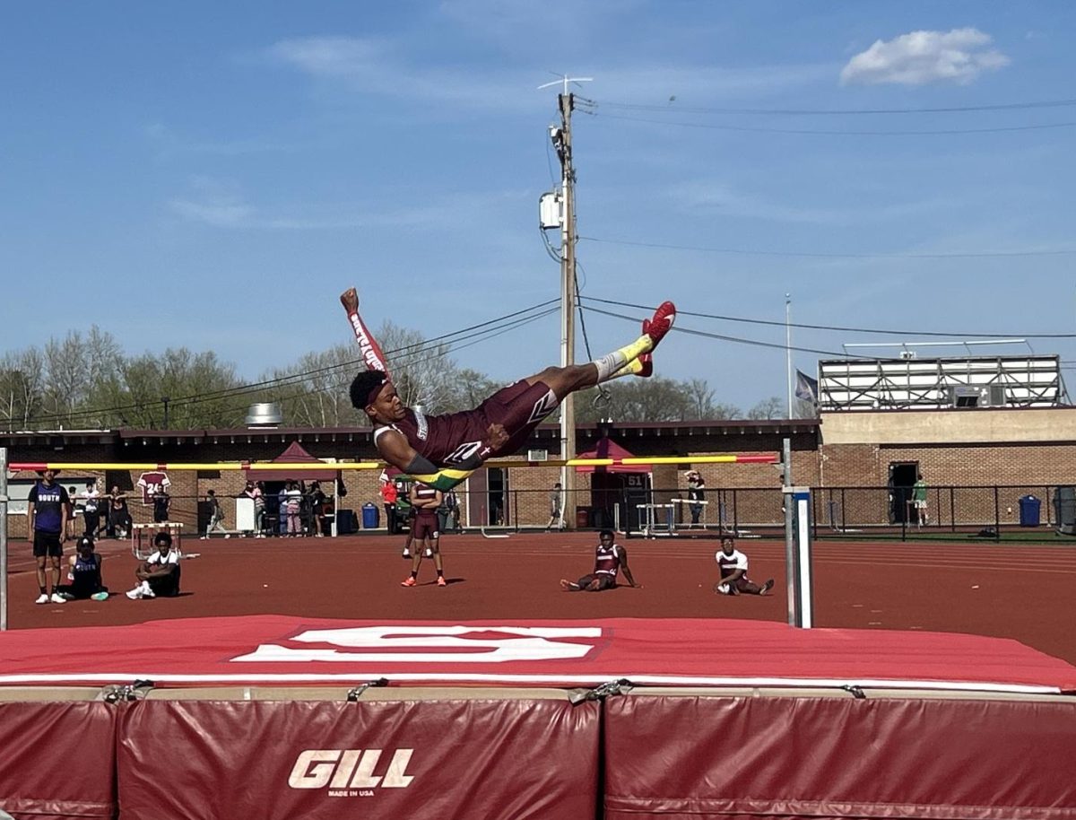 Abiel Quartey, '25, getting first in his high jump event against East Stroudsburg South.
