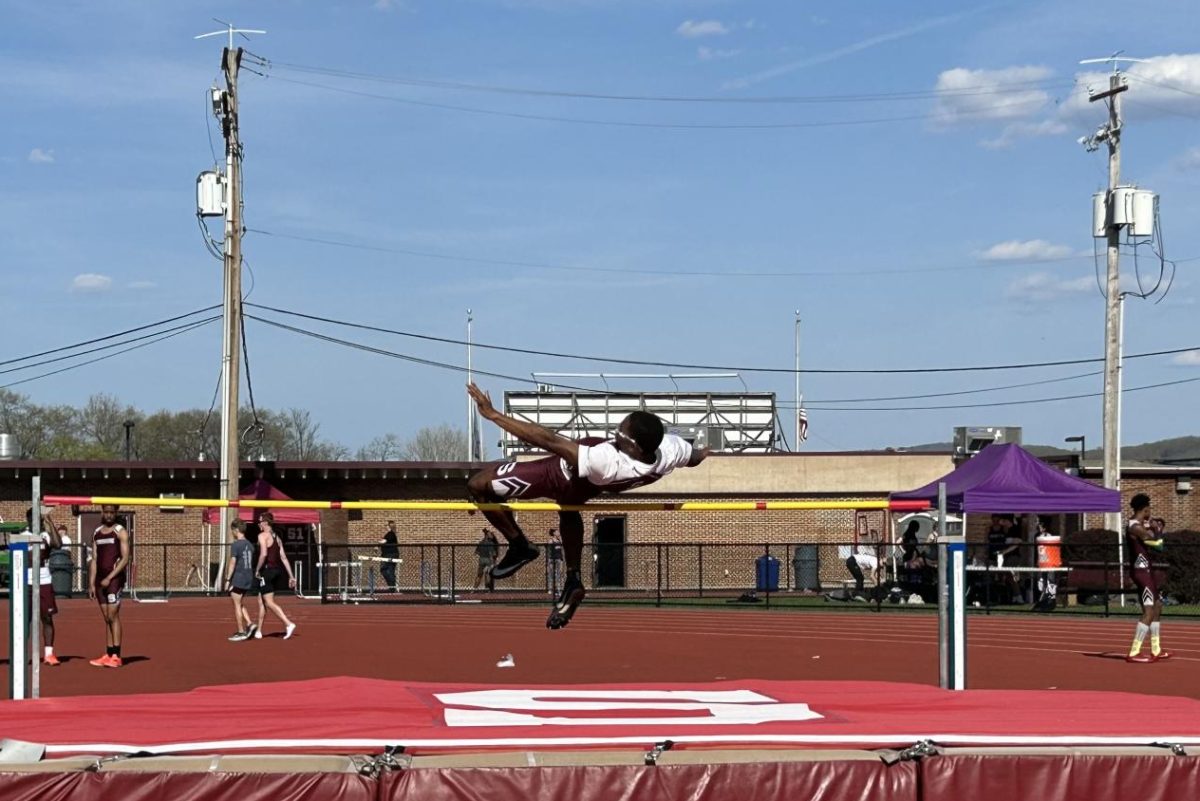 Malachi Watts, '26, going for his high jump event against East Stroudsburg South.