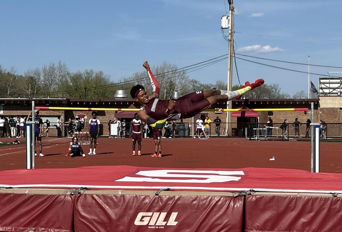 Abiel Quartey, '25, going for his first attempt in his high jump event against East Stroudsburg South.