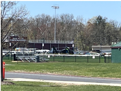 MedeVac landing on the practice football field.