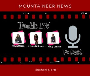 The Double Life podcast features students who have busy lives, working, creating, leading, etc.  Illustration created in Canva by Mountaineer staff. 