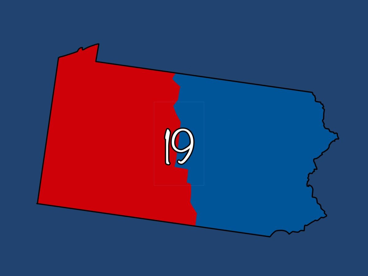 A graphic provided by Hailey Abba representing Pennsylvania and its 19 electors for the 2024 election, divided by blue and red.