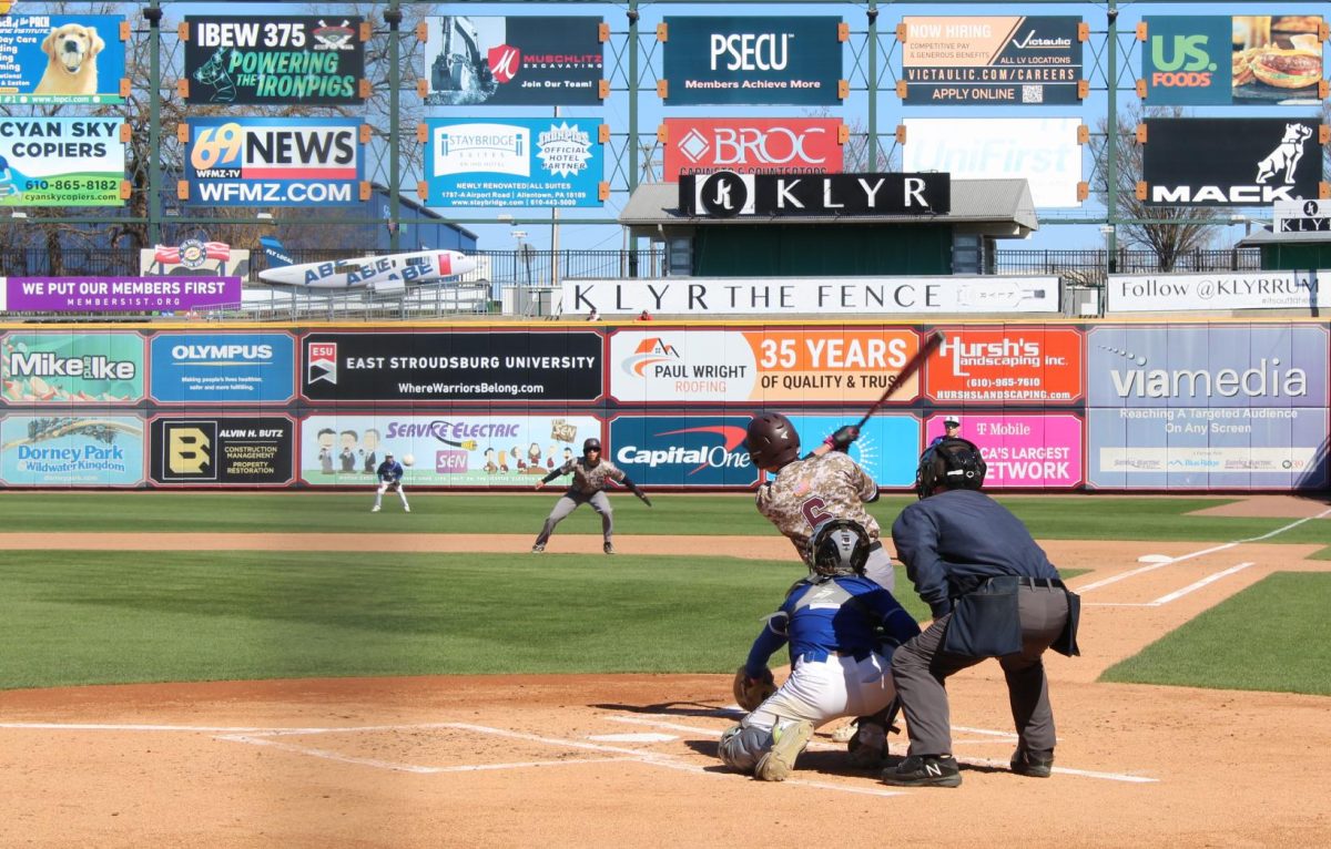 Luke Powanda, '28, gets a hit at the Lehigh Valley Coca-Cola Park game. 