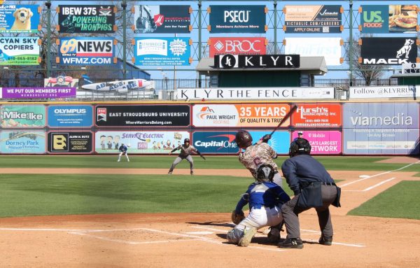 Luke Powanda, '28, gets a hit at the Lehigh Valley Coca-Cola Park game. 