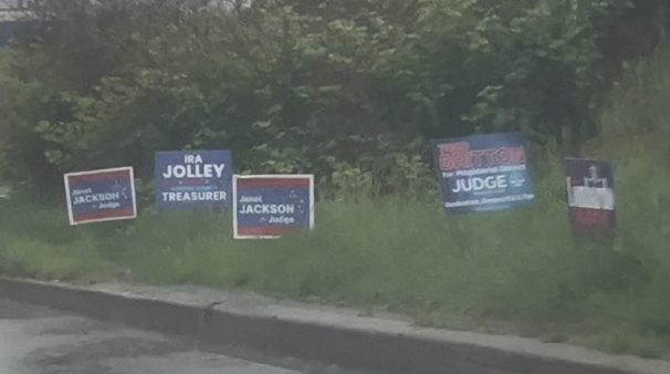 Heavy rain dominated the final weeks before the primary elections obscuring advertisements for candidates. Many campaign signs located in the yard on the side of the road promoting the candidates.