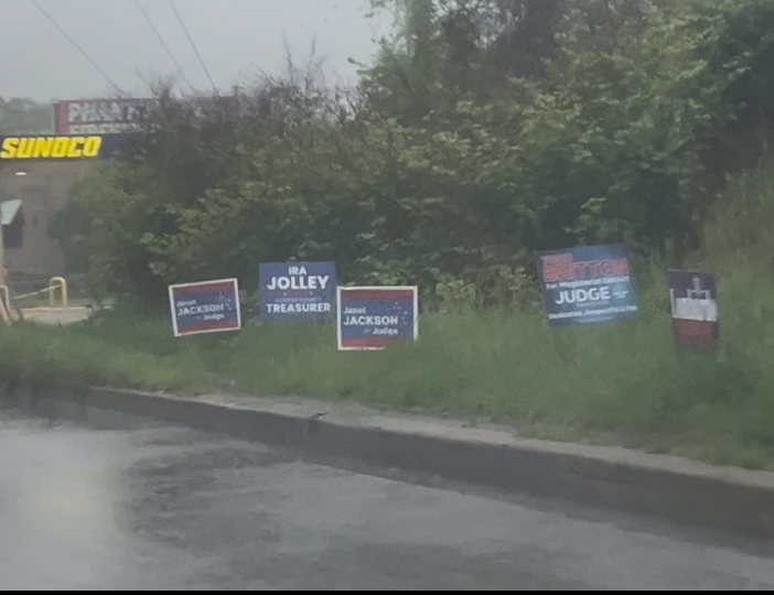 Many campaign signs located in the yard on the side of the road promoting the candidates.