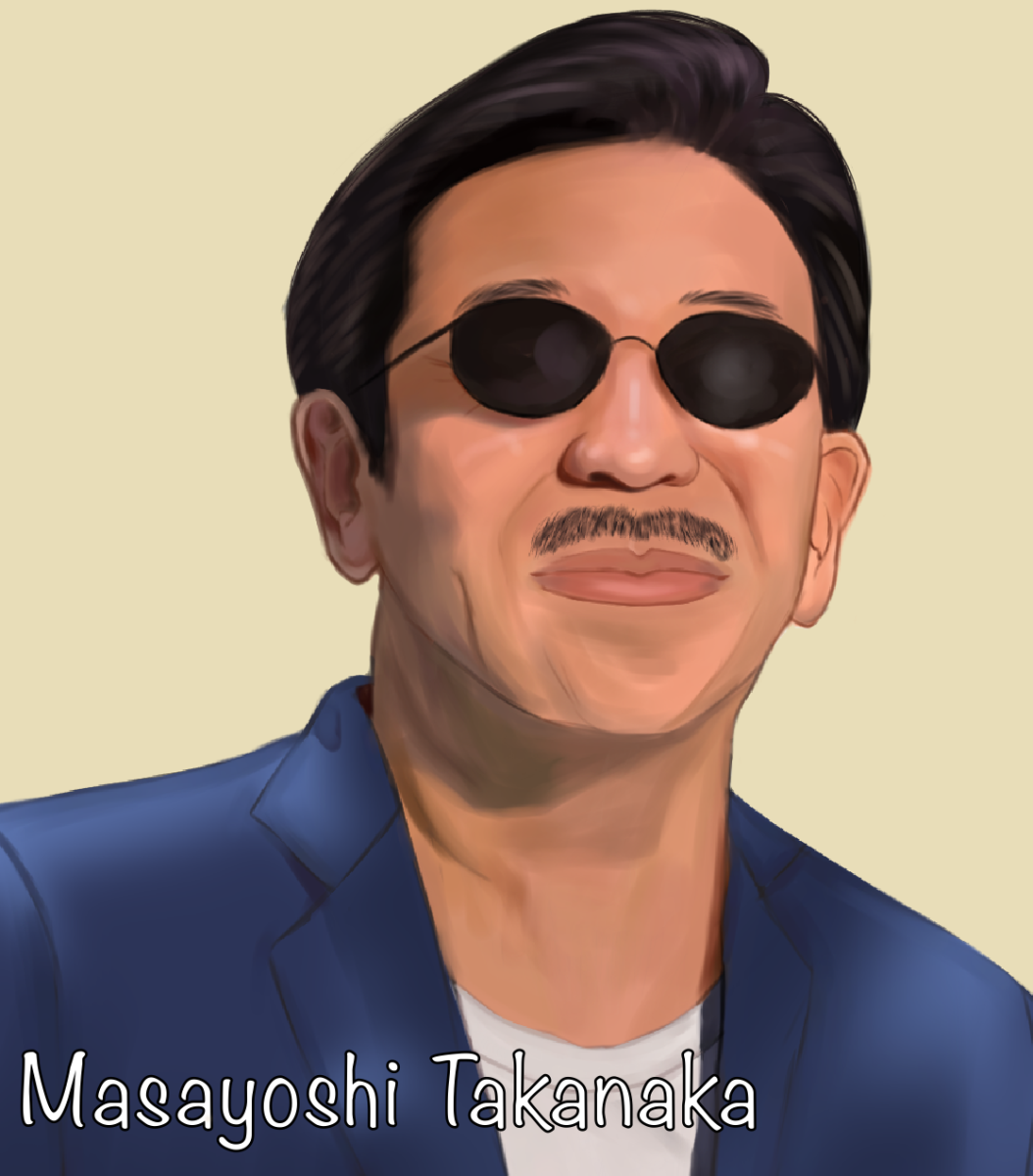 Illustration of Masayoshi Takanaka in a blue suit, white undershirt, and black glasses. Art illustrated by Hailey Abba.