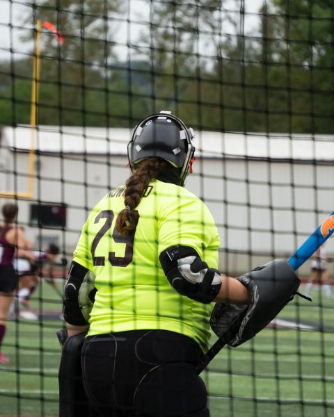 The goalie for Stroudsburg's Field Hockey team, Tess Nowosad, '26, ready to defend against her opponents.
