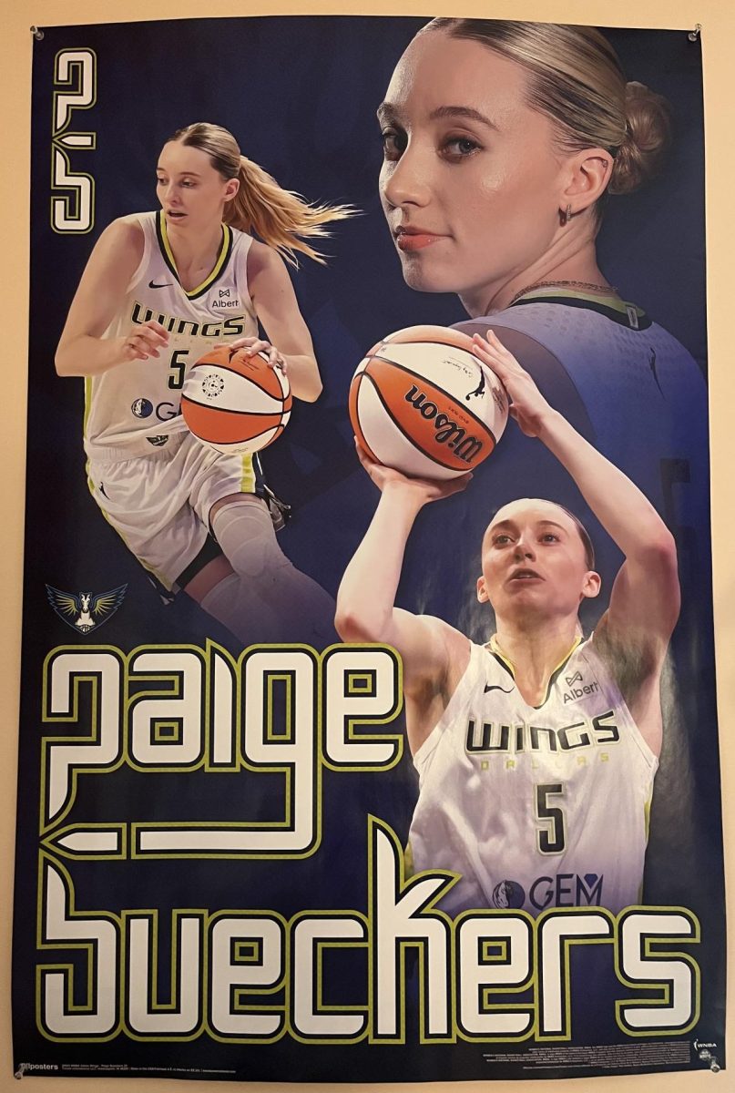 A poster of Paige Bueckers, the No.1 draft pick and rookie of the year from 2025.  