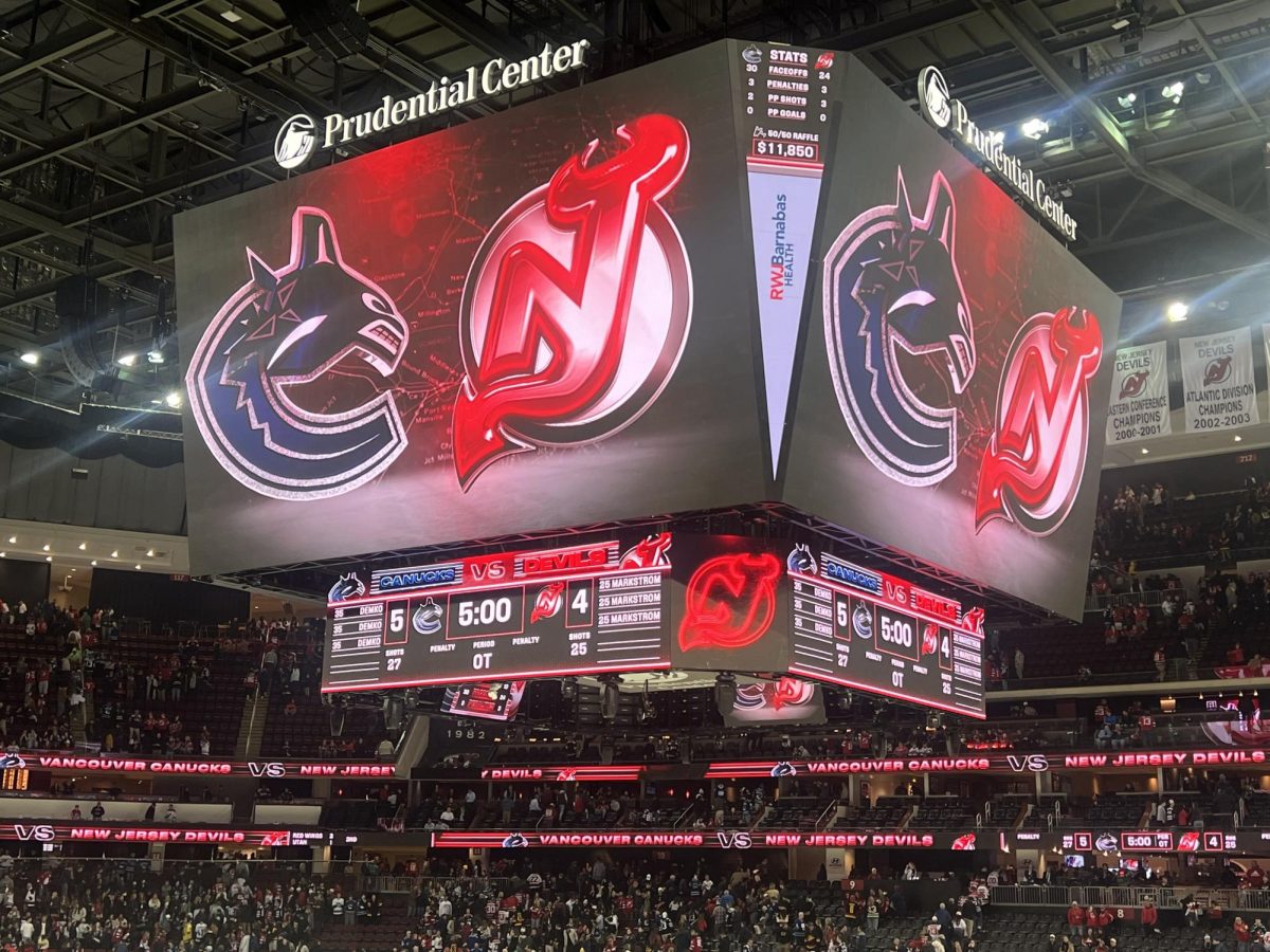A picture of the jumbotron at a New Jersey Devils game.
