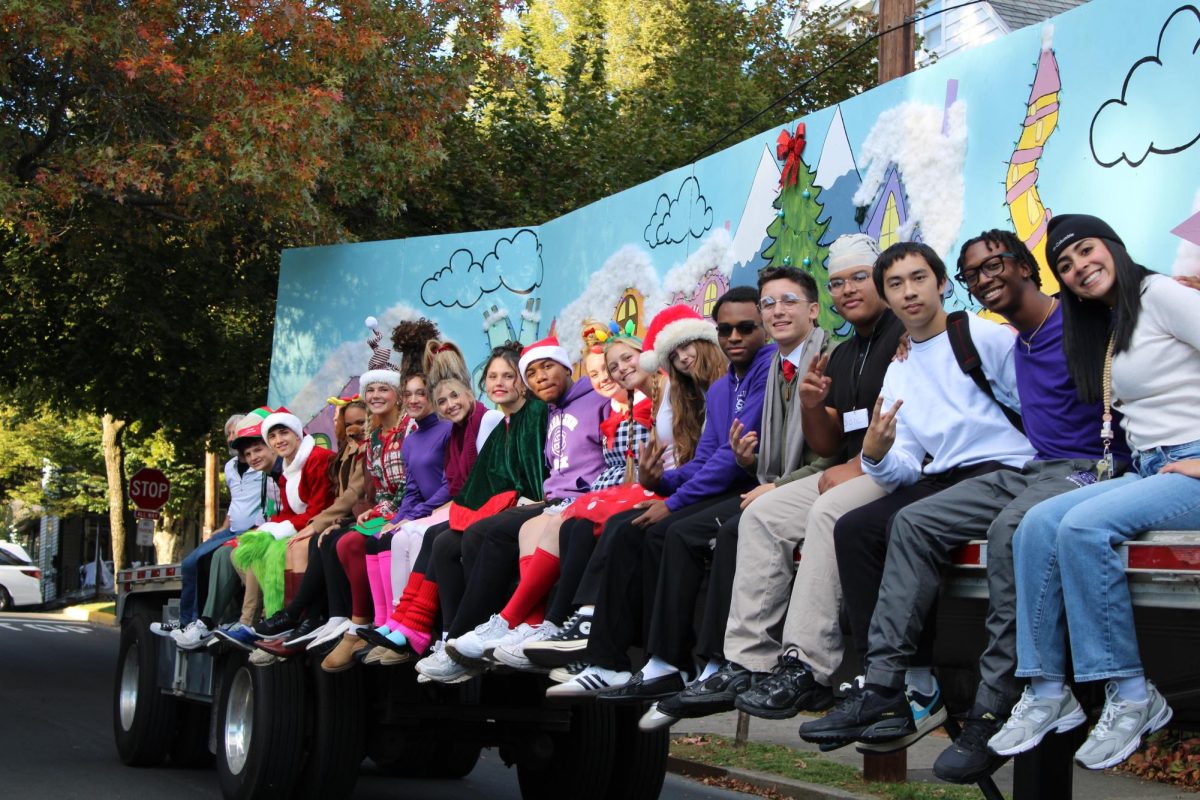 The senior float crew gathering in the court house square before the parade.