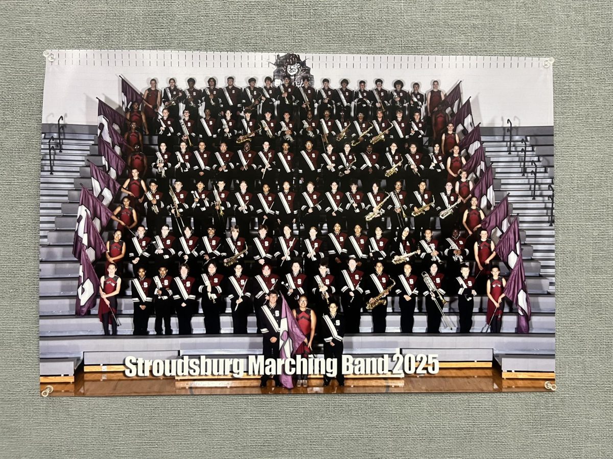 A picture of the Stroudsburg marching band of 2025 hanging up in the band room.