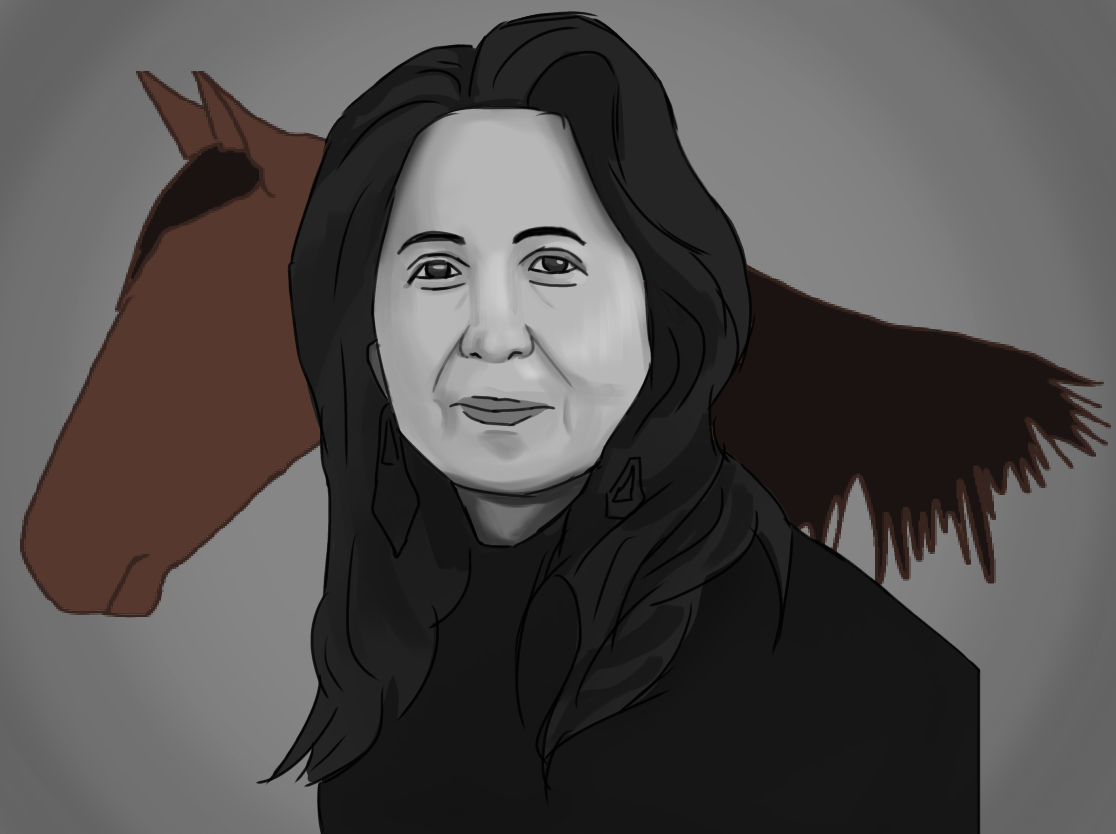 Black and White DIgitial Image of Jaune Quick-to-See Smith with an outline of a colored horse behind her.