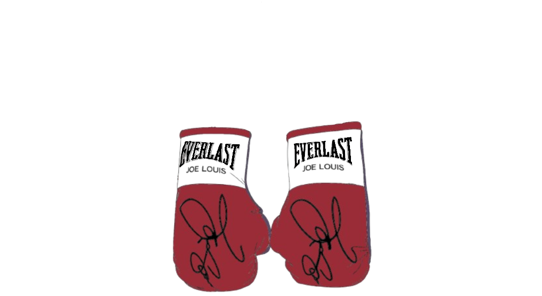 Drawing of Joe Louis signed mini boxing gloves.
