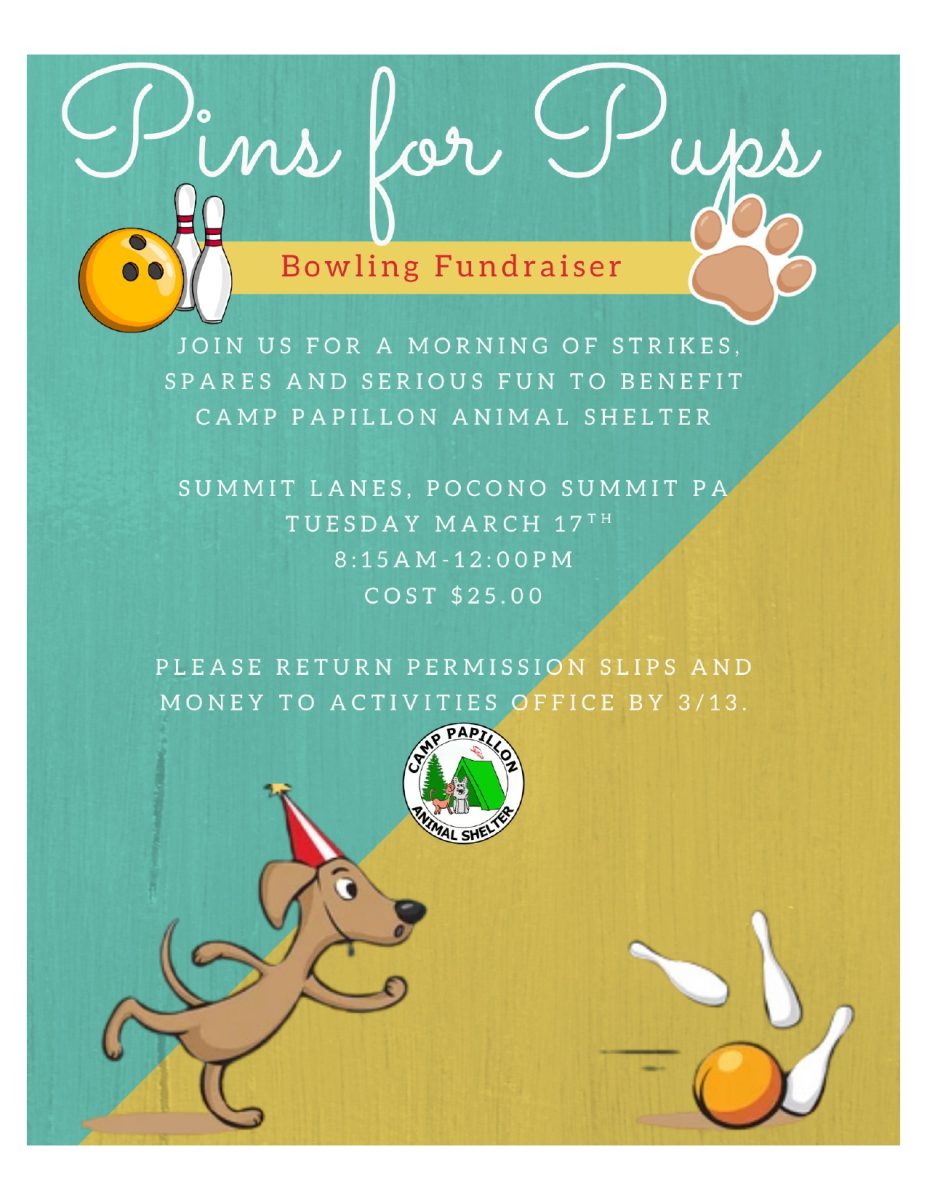 The flyer for the upcoming Pins for Pets bowling event