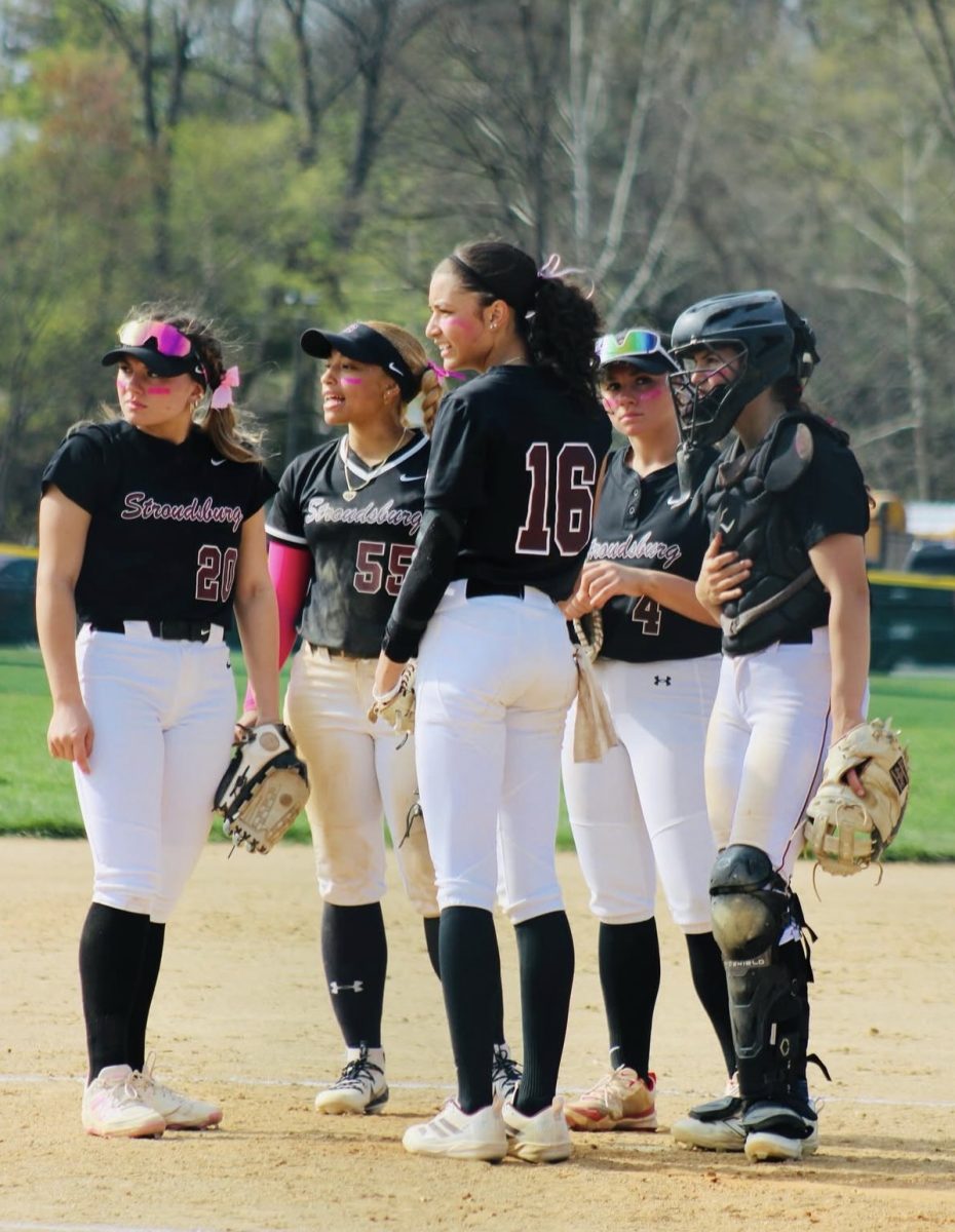 The Lady Mountaineers huddle in the pitchers circle.