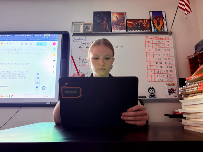 A student raises their pencil to their canvas, but the canvas is a computer screen rather than fabric.