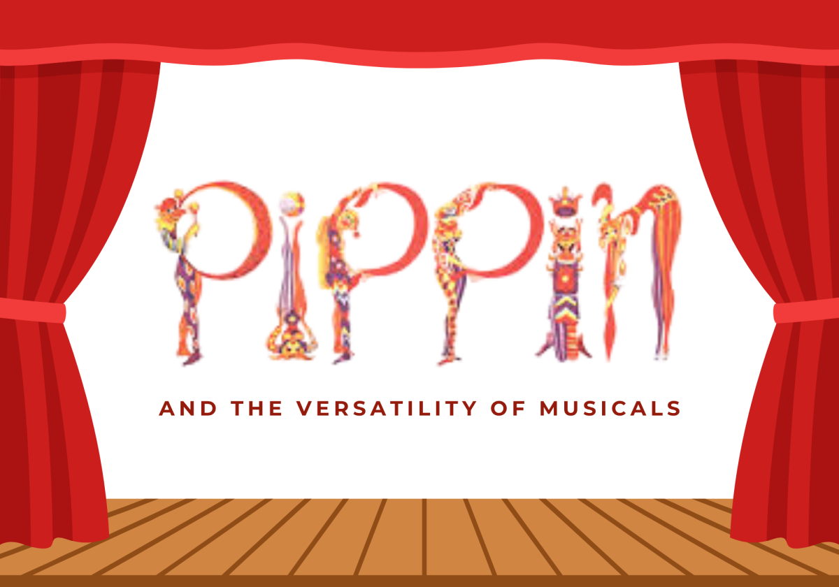 A graphic of the Pippin logo within stage curtains